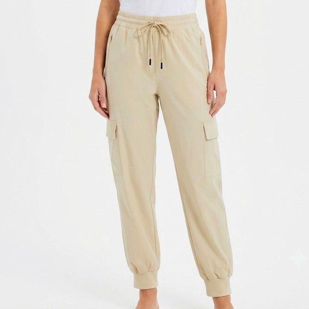 CARGO JOGGERS Beige Lightweight Side Pockets Drawstring Waist Women Large NWT